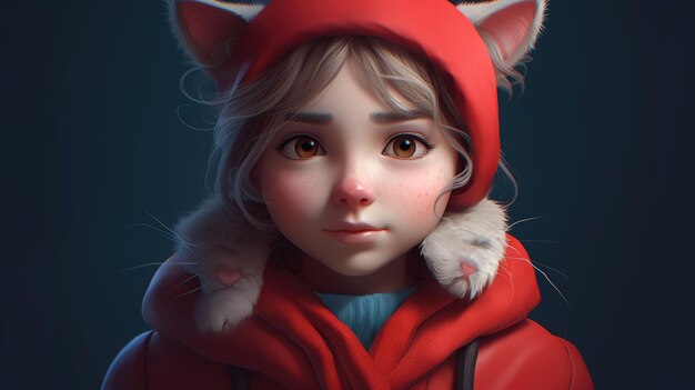 Süßes kleines Mädchen mit rotem Schal und Kapuze, erstellt mit generativer KI.