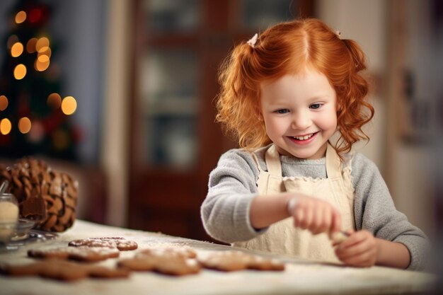 Süßes kleines Mädchen rollt den Teig für Weihnachtsplätzchen aus. Kopierraum. Generative KI