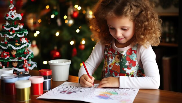 Süßes kleines Mädchen zeichnet zu Hause vor dem Weihnachtsbaum