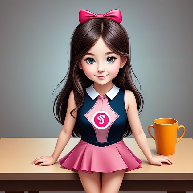 Süßes lächelndes Mädchen in rosa Uniform mit großer Tasse. Süßes lächelndes kleines Mädchen mit einer Tasse Kaffee