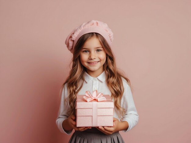 süßes Mädchen erhält ein Geschenk auf pastellrosa Hintergrund