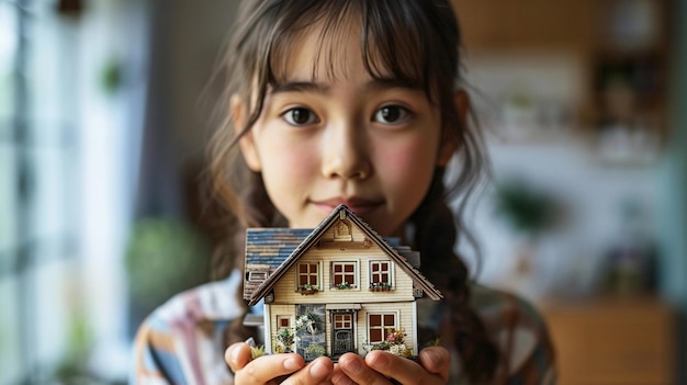Süßes Mädchen hält ein Miniaturhaus Littel Mädchen mit Traumhaus