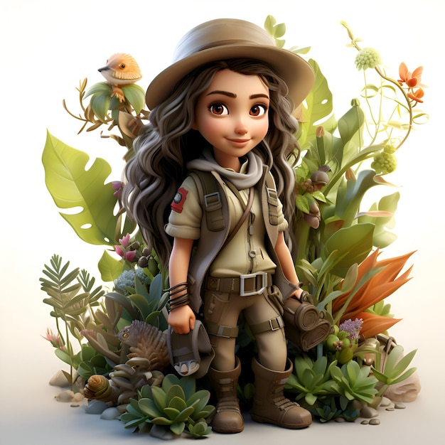 Süßes Mädchen in Safari-Outfit im Dschungel 3D-Illustration