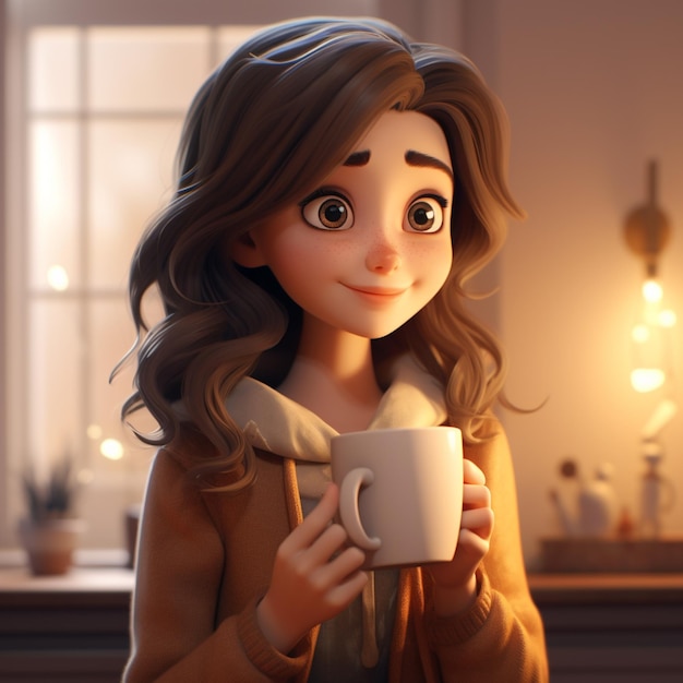 süßes Mädchen mit braunen Haaren, das eine Tasse Kaffee 3D hält