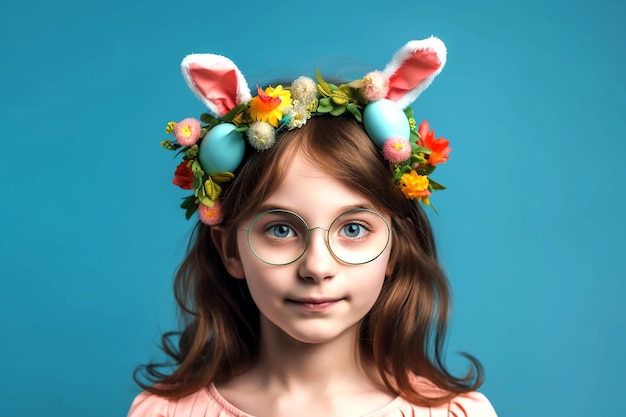 Süßes Mädchen mit Hasenohren und Osterblumenkranz lachen auf blauem Hintergrund Generative KI