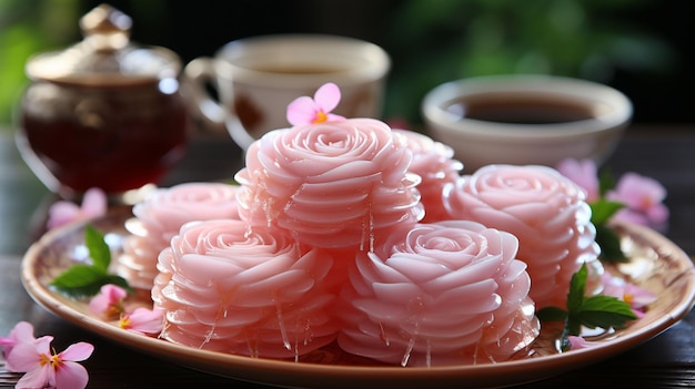 süßes Marmelade in Form einer Rose, ein traditionelles thailändisches Dessert aus Zuckergelatine und Kokosmilch