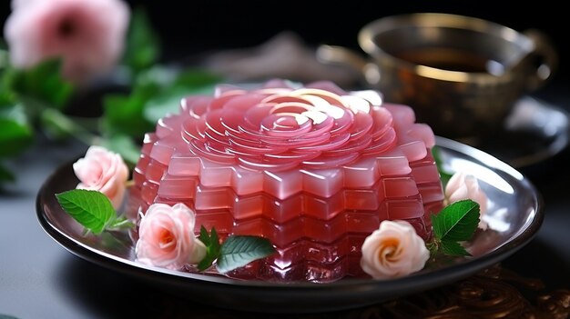 süßes Marmelade in Form einer Rose, ein traditionelles thailändisches Dessert aus Zuckergelatine und Kokosmilch