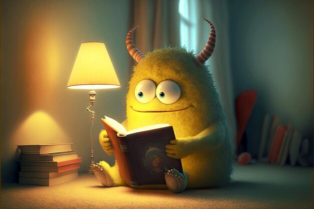 Süßes Monster liest Bücher in einem Raum, der vom Licht der generativen ai-Lampen beleuchtet wird