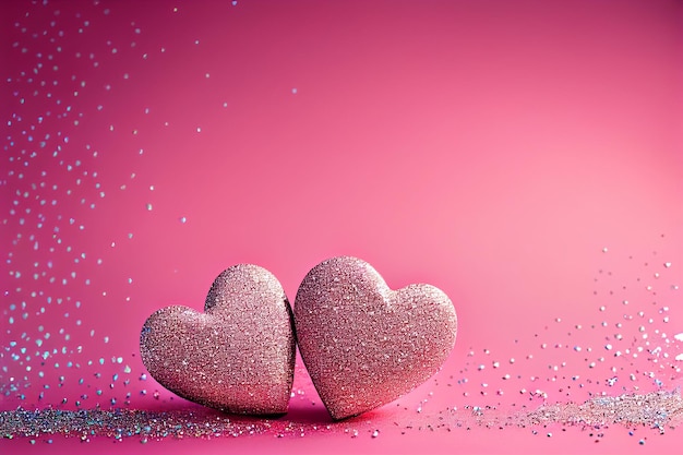 Süßes Paar Herzform auf rosa Glitzer mit Bokeh-Lichtern, romantische Symbole des Valentinstag-Konzepts