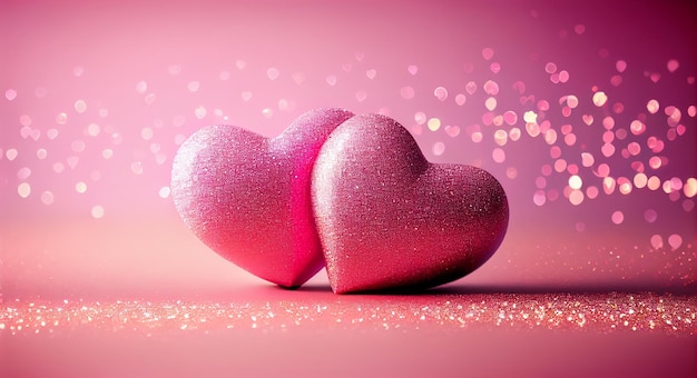 Süßes Paar Herzform auf rosa Glitzer mit Bokeh-Lichtern, romantische Symbole des Valentinstag-Konzepts