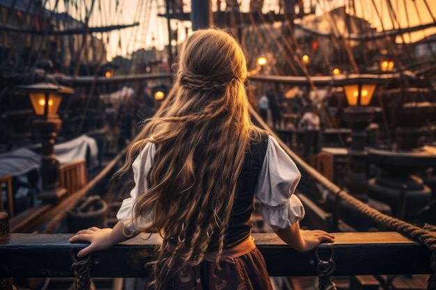 Süßes Piratenmädchen an Bord eines Piratenschiffs. Erzeuge KI