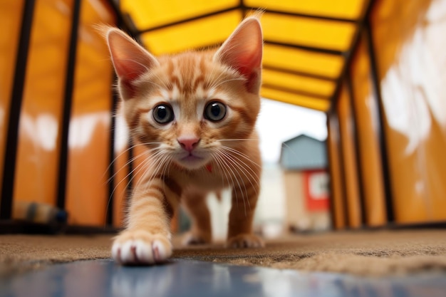 Süßes rothaariges Kätzchen mit blauen Augen auf dem Hintergrund eines Zeltes Süßes spielerisches Rettungskätzchen in einem Tierheim