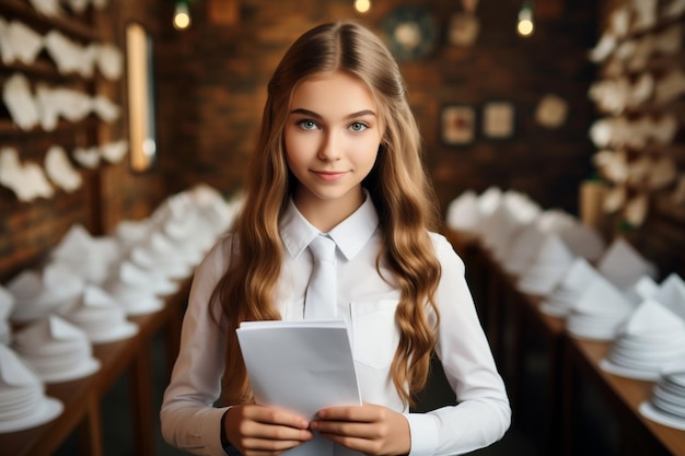 Süßes Schulmädchen in Uniform posiert mit Notizbuch im Klassenzimmer mit generativer KI
