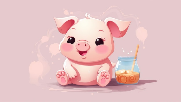 Süßes Schwein trinkt Boba-Milch-Tee mit Geldbeutel Cartoon-Vektor-Icon-Illustration Tier trinkt flach