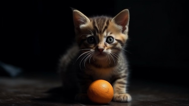 Süßes sibirisches Kätzchen mit Orange im Studio auf schwarzem Hintergrundgenerative ai