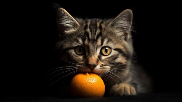 Süßes sibirisches Kätzchen mit Orange im Studio auf schwarzem Hintergrundgenerative ai