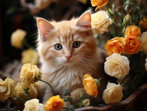 Süßes süßes gelbes, flauschiges Kätzchen in einer Box mit rosa Hintergrund