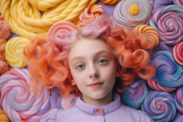 Süßes Süßigkeitenmädchen mit bunten Haaren, das auf einem Süßigkeiten-Lollypop-Hintergrund liegt, ai generativ