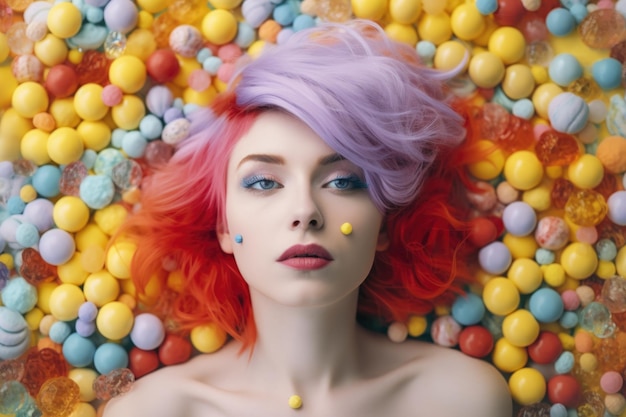 Süßes Süßigkeitenmädchen mit bunten Haaren, das auf einem Süßigkeiten-Lollypop-Hintergrund liegt, ai generativ
