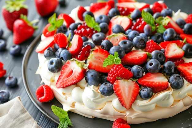 Süßes und cremiges Pavlova-Dessert mit Beeren und Meringue