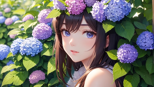 Süßes und hübsches Mädchen in der Hortensiengarten-Anime-Kunst