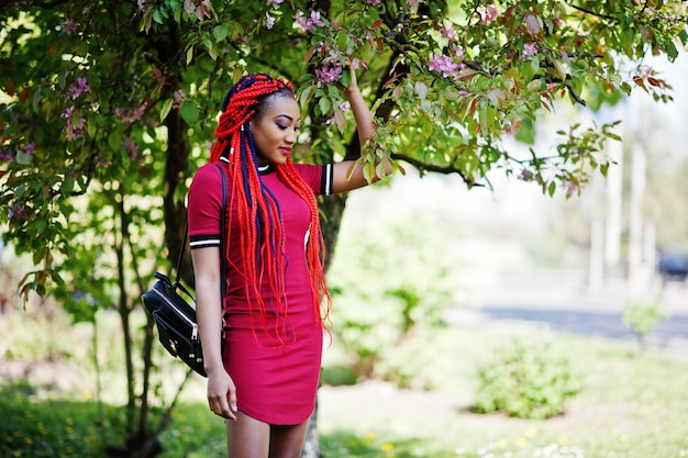 Süßes und schlankes afrikanisch-amerikanisches Mädchen in rotem Kleid mit Dreadlocks posierte im Frühlingspark im Freien Stilvolles schwarzes Modell