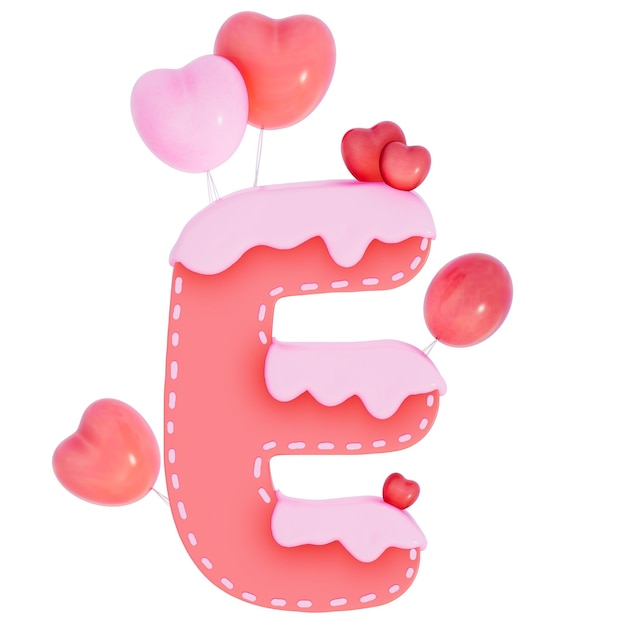 Süßes Valentinstag-Alphabet E mit Dekoration auf weißem Hintergrund 3D-Rendering