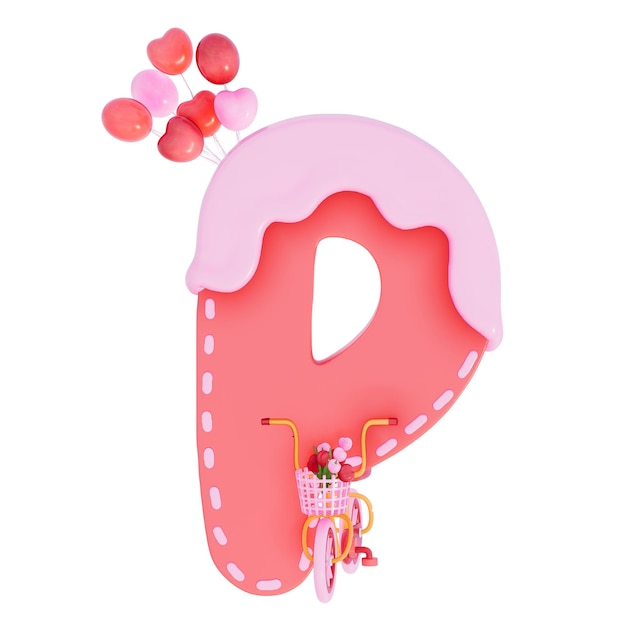 Süßes Valentinstag-Alphabet P mit Dekoration auf weißem Hintergrund 3D-Rendering