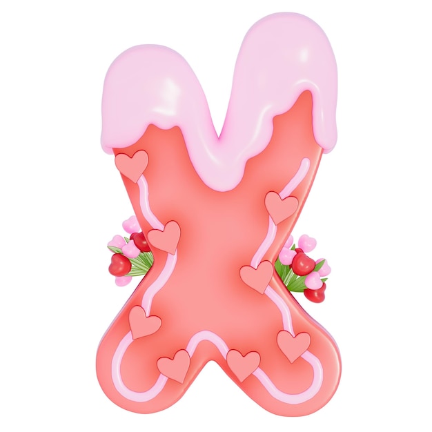 Süßes Valentinstag-Alphabet X mit Dekoration auf weißem Hintergrund 3D-Rendering
