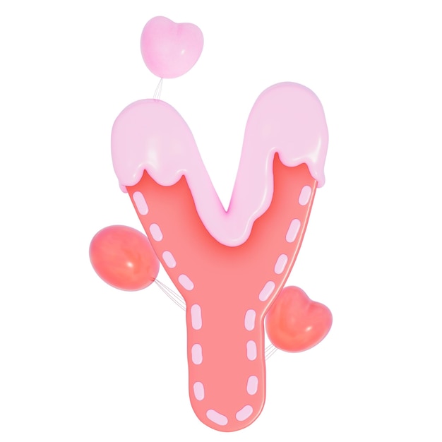 Süßes Valentinstag-Alphabet Y mit Dekoration auf weißem Hintergrund 3D-Rendering