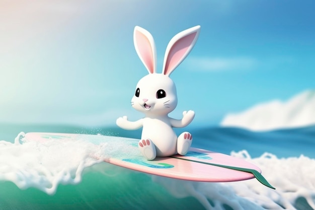 Süßes weißes Kaninchen auf einem Surfbrett im Ozean 3D-Illustration