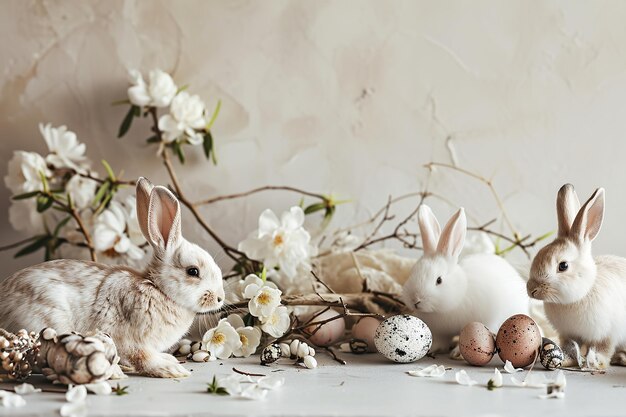 süßes winziges Kaninchen zartes Blumen träumiger Stil ätherisches Licht Ostereier auf weiß