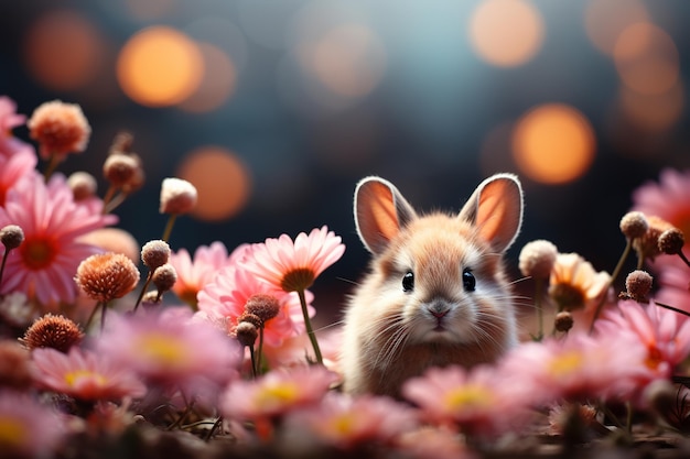 süßes winziges Kaninchen zartes Blumen träumiger Stil ätherisches Licht Ostereier