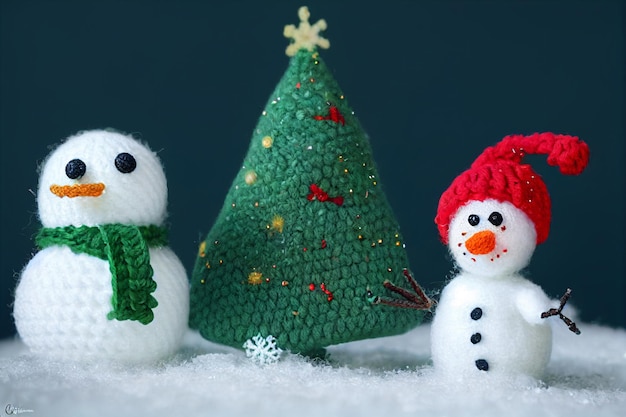 Süßester Weihnachtsbaum und Schneemann im Wald mit Schnee. Häkelstil mit Wolle