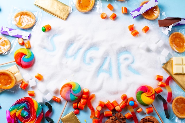Süßigkeiten mit Zucker flach Draufsichtszene mit Wortzucker
