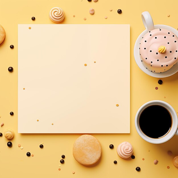 Süßigkeiten und Kuchen und süße Tasse auf verschwommenem weichen gelben Hintergrund für süßes und Lebensmitteldesign