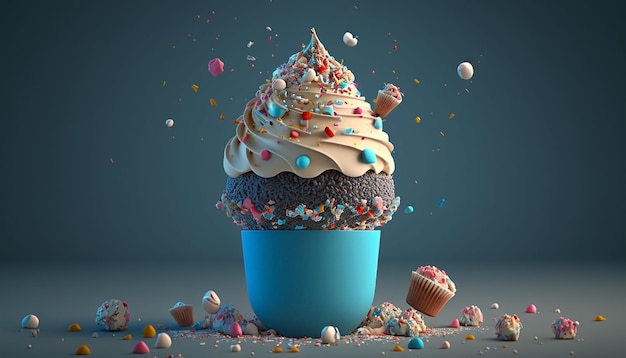 Süßigkeiten verträumtes Dessertdesign bunter Cupcake und Eiscreme generative ai