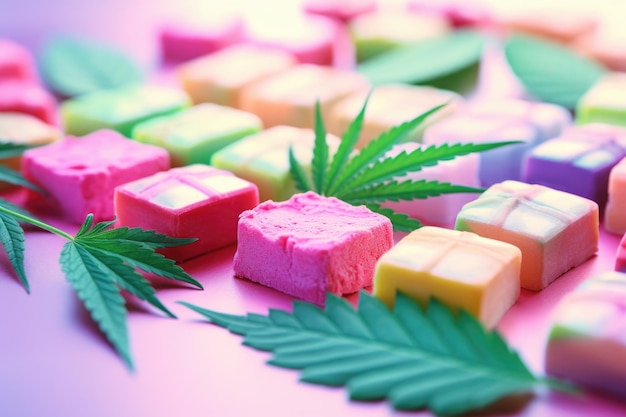Foto süßigkeitenkarneval ein karneval von süßigkeiten und cannabisblättern eine fröhliche feier von zuckerhaltigen köstlichkeiten ergänzt durch die essenz von cbd
