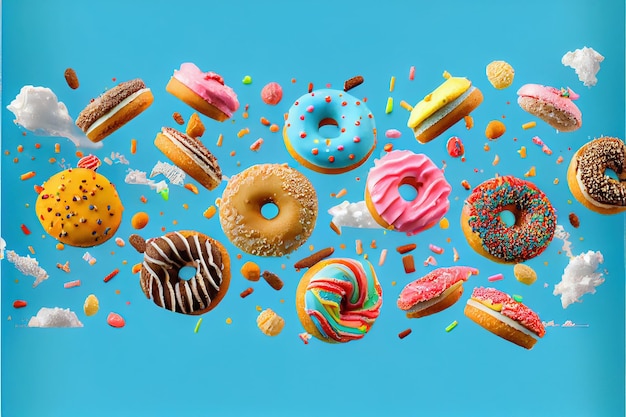 Süßwaren als Kuchen, Süßigkeiten, Donuts, Collage auf Hintergrund