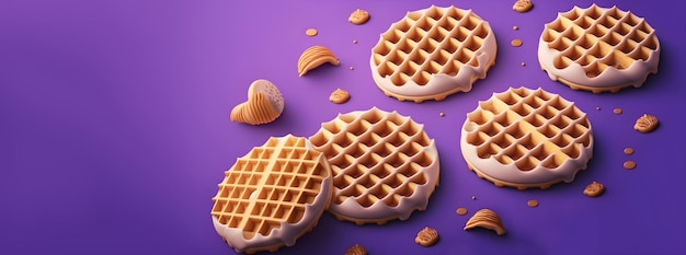 Süßwaren Illustration von runden Waffeln auf violettem Hintergrund mit Kopierbereich Generative KI