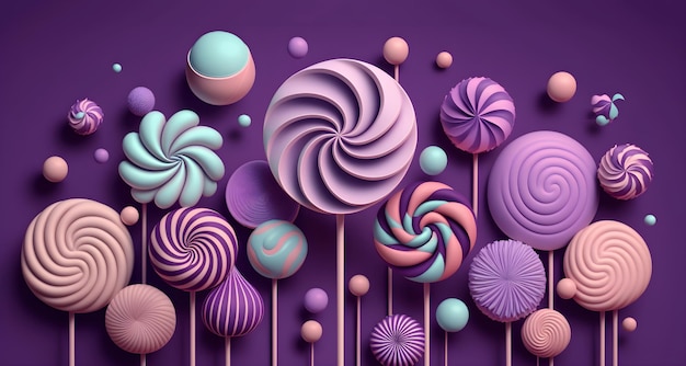 Süßwaren Illustration von süßen Lutschern auf violettem Hintergrund Generative KI