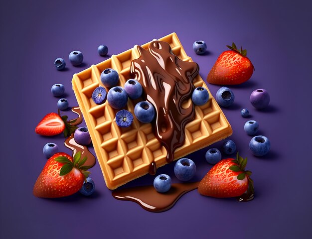 Süßwaren Illustration von Waffeln mit Schokolade und Beeren auf violettem Hintergrund Generative KI