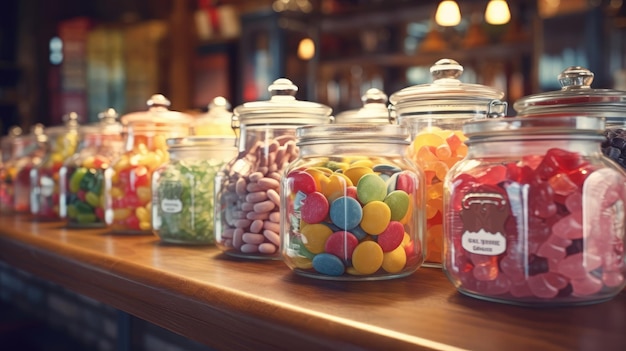 Süßwarenladen mit Gläsern voller bunter Süßigkeiten. Generative KI
