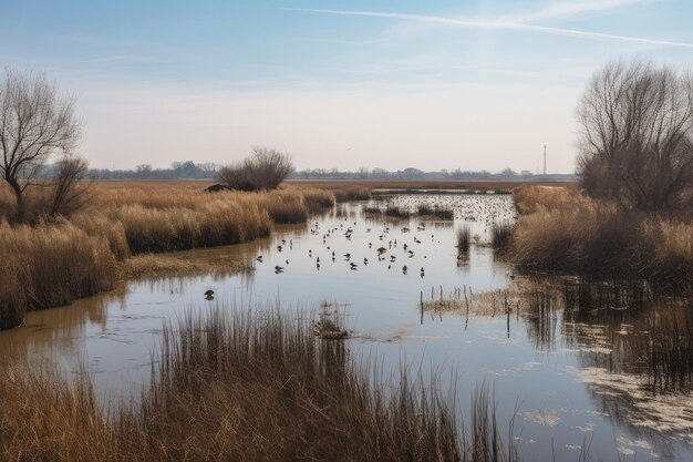 Süßwassersumpf mit sichtbaren Vögeln und anderen Wildtieren, erstellt mit generativer KI