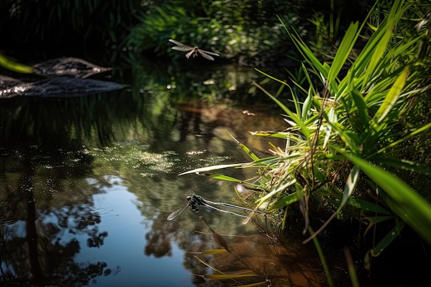 Süßwasserteich umgeben von üppigem Grün mit fliegender Libelle, erstellt mit generativer KI