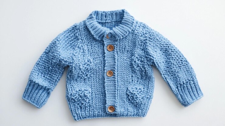 suéter de color azul tejido y cardigan de moda con botones aislados en el fondo blanco