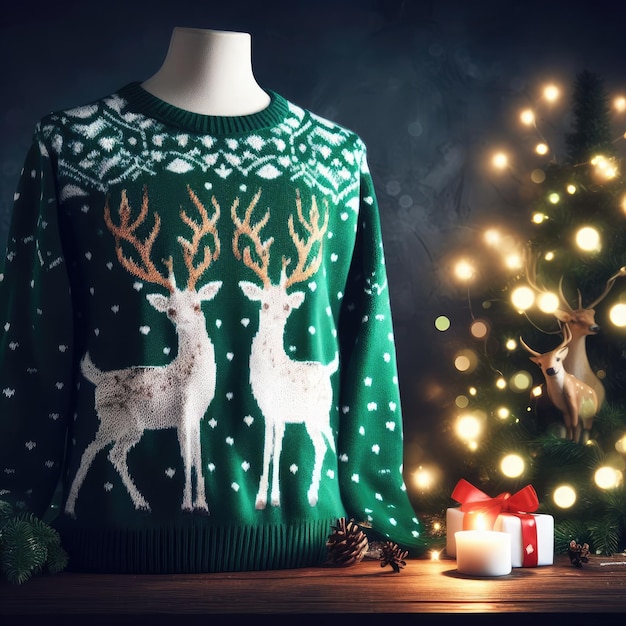 Suéter de Navidad con ciervos y velas fondo de decoración de Navidad