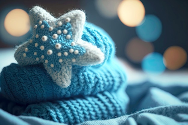 Suéter tejido a mano azul con ropa de lana de patrón de Navidad sobre fondo borroso