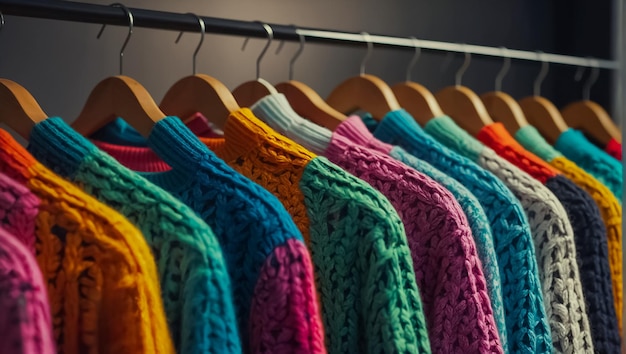 suéteres cálidos en una percha en una tienda