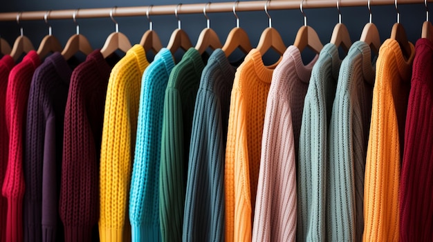 Suéteres coloridos elegantemente expuestos en una boutique a la venta